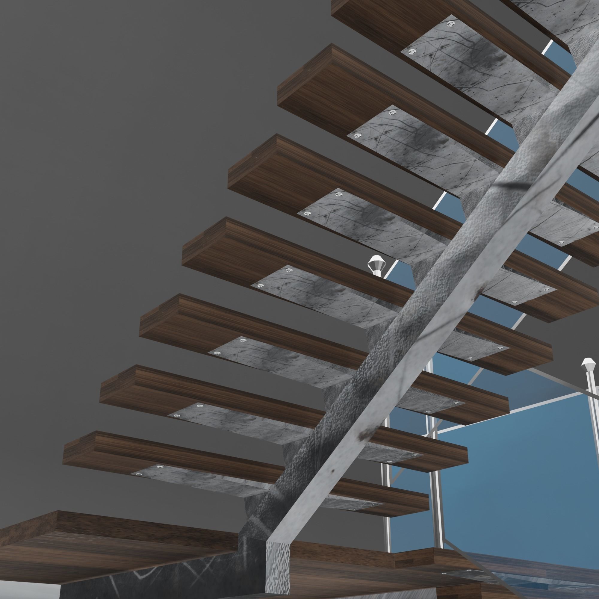 Stairs wooden staircase with glass railings 3D model_4