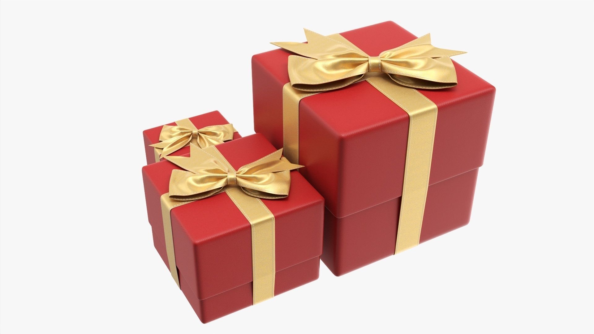 Wrapped gift boxes with bow red gold 3D model_2