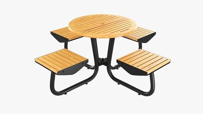 Outdoor Wood Umbrella Table with 4 Seats 3D model