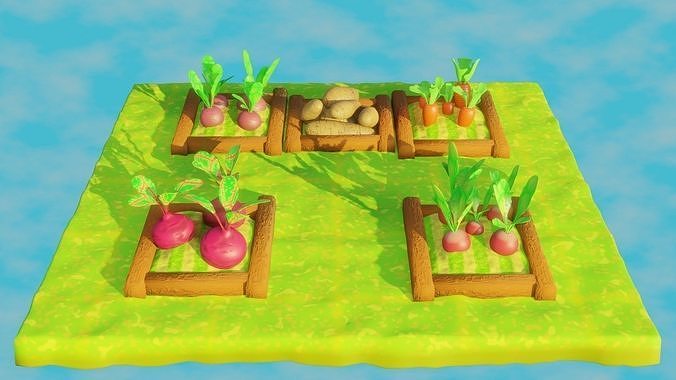 View of 3D model vegetables garden cartoon stylized set VR / AR / low-poly ...