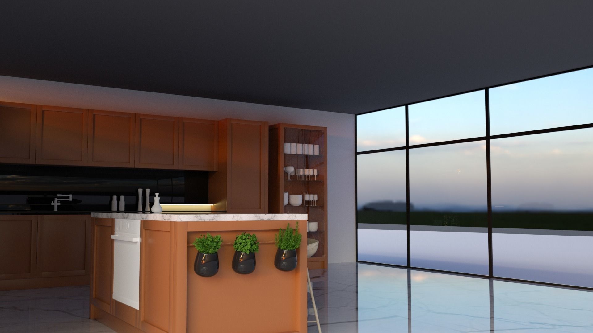 kitchen with marble floors and sky 3D model_1