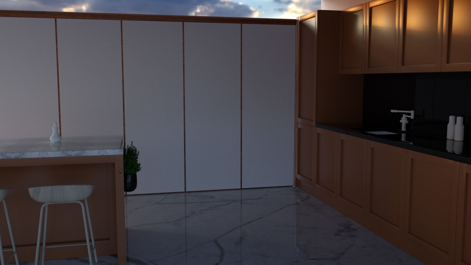 kitchen with marble floors and sky 3D model_2