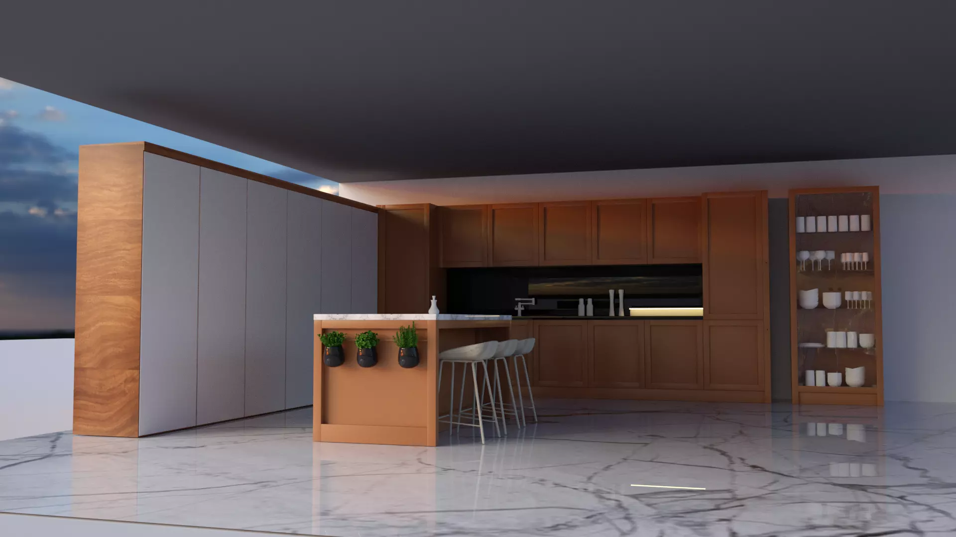 kitchen with marble floors and sky 3D model_0