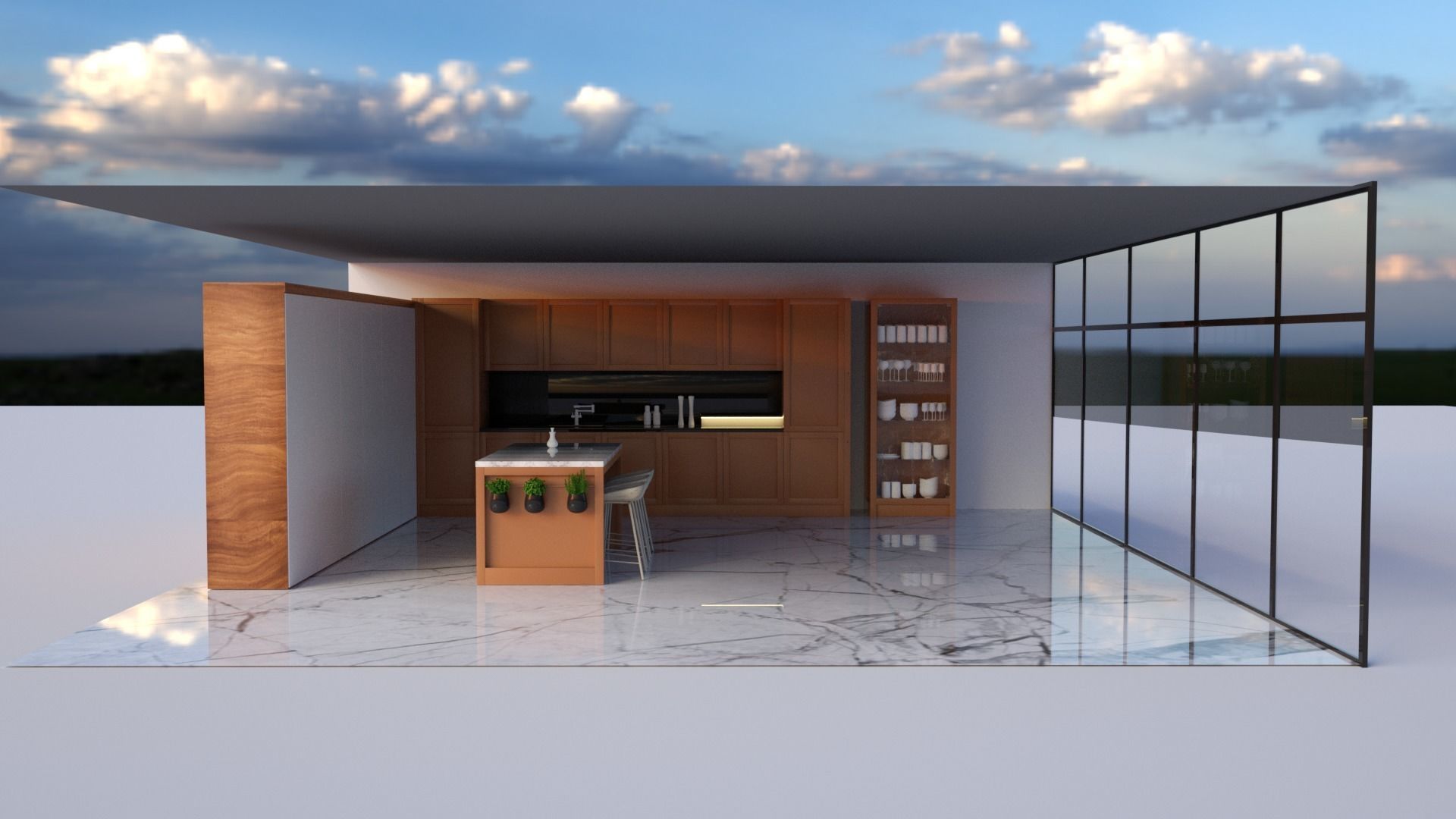 kitchen with marble floors and sky 3D model_5