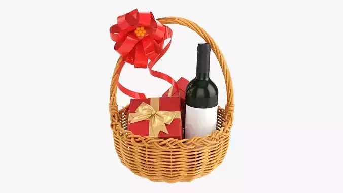 Wine bottle in wicker wooden basket 01