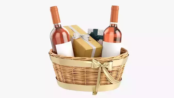 Wine bottle in wicker wooden basket 02