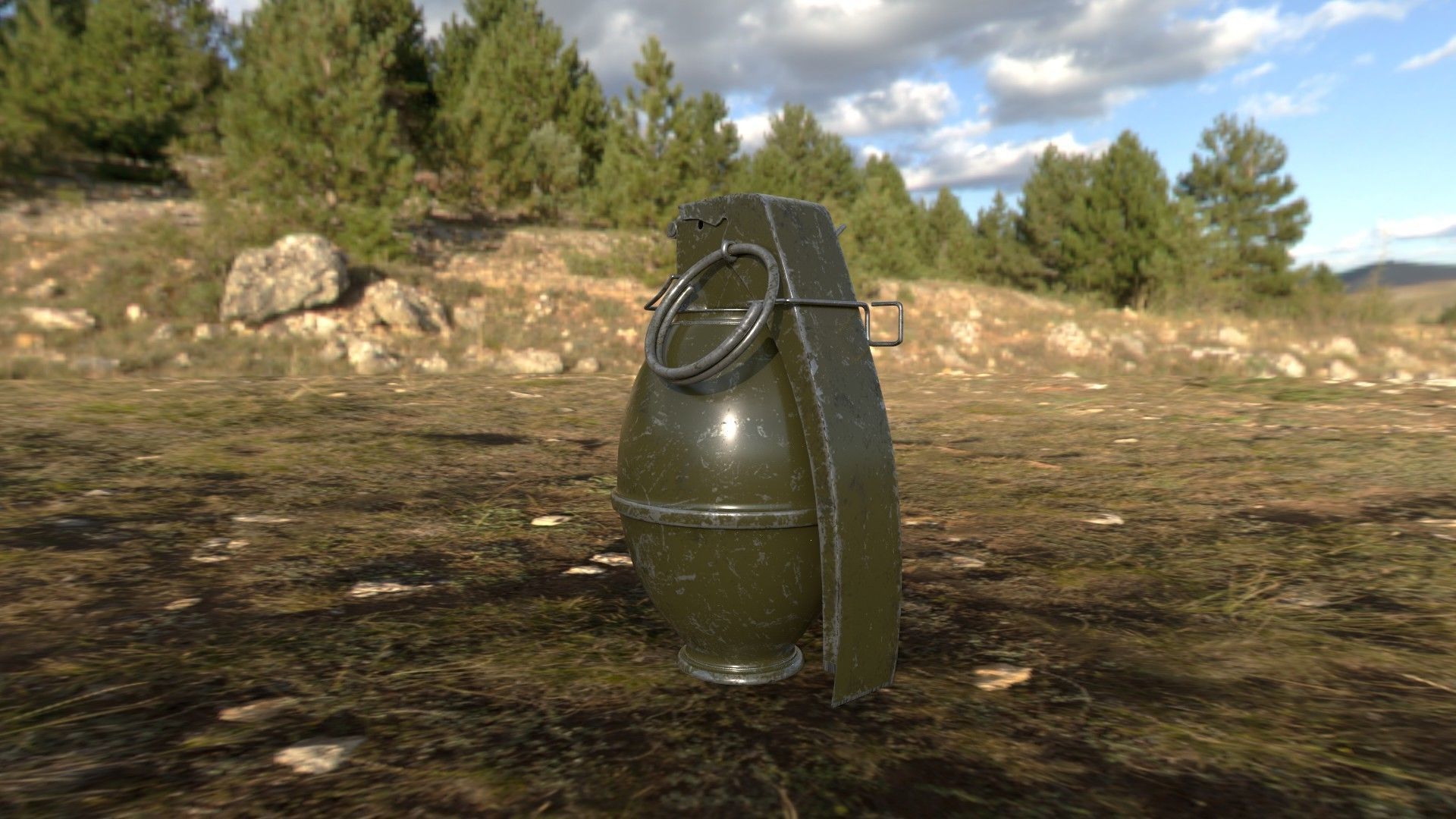 M61 3D Model metal grenade in middle of field 3D model_1