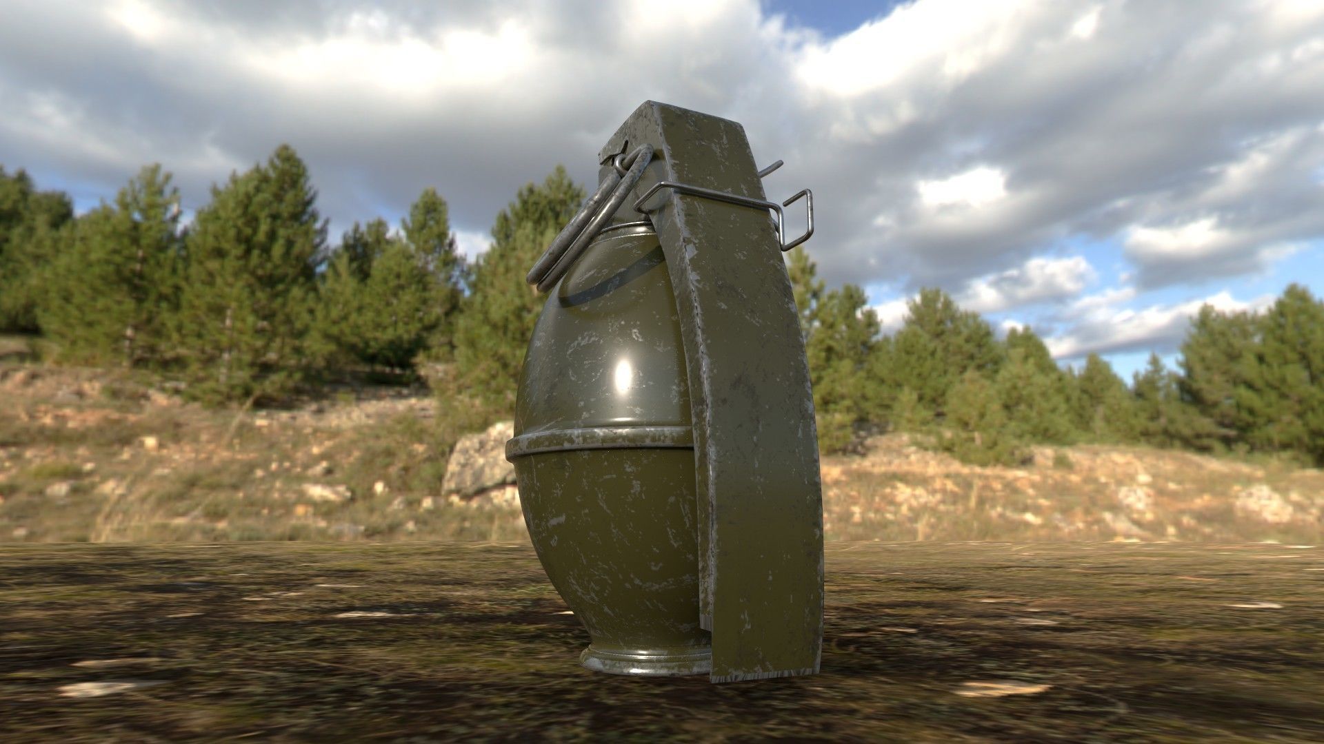 M61 3D Model metal grenade in middle of field 3D model_3