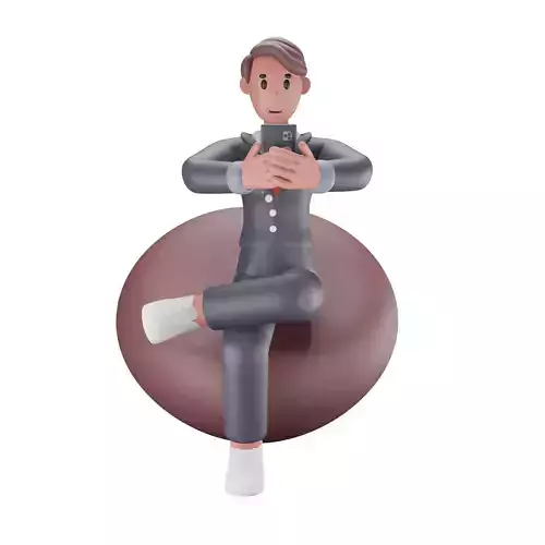 3d man character checking his phone while sitting