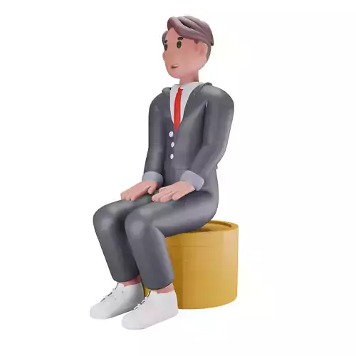 3d man character sitting stack coins