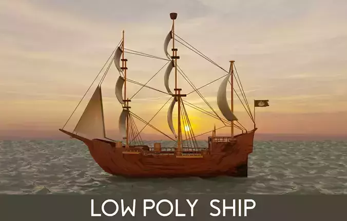 ship lowpoly model - game ready sailing in ocean at sunset