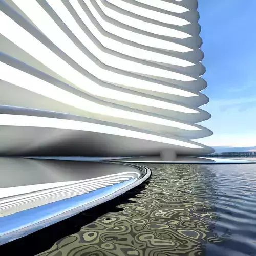 scyscraper futuristic structure in middle of body of water