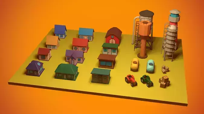 set of low-poly houses and other constructions