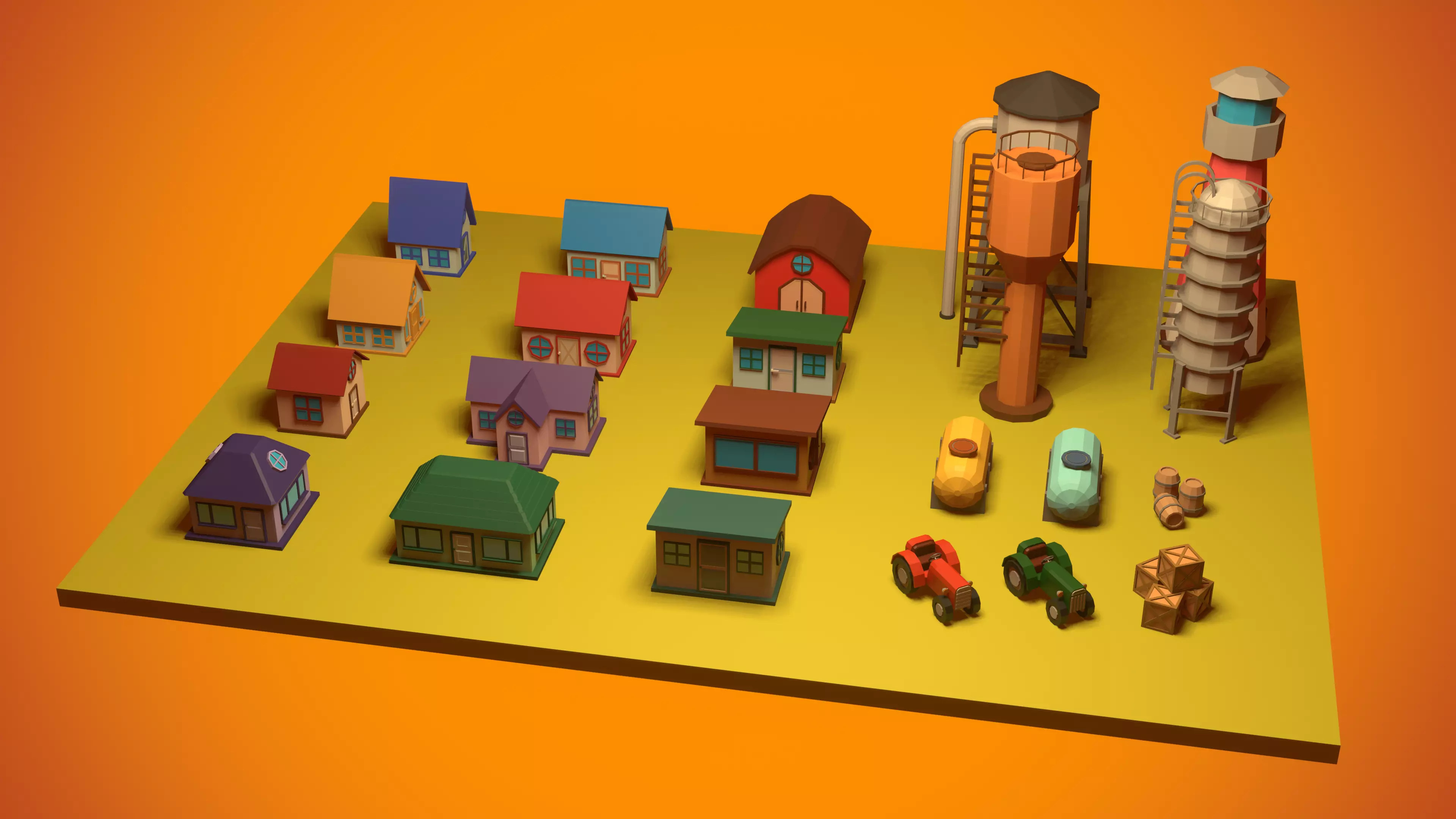 set of low-poly houses and other constructions Low-poly 3D model_0