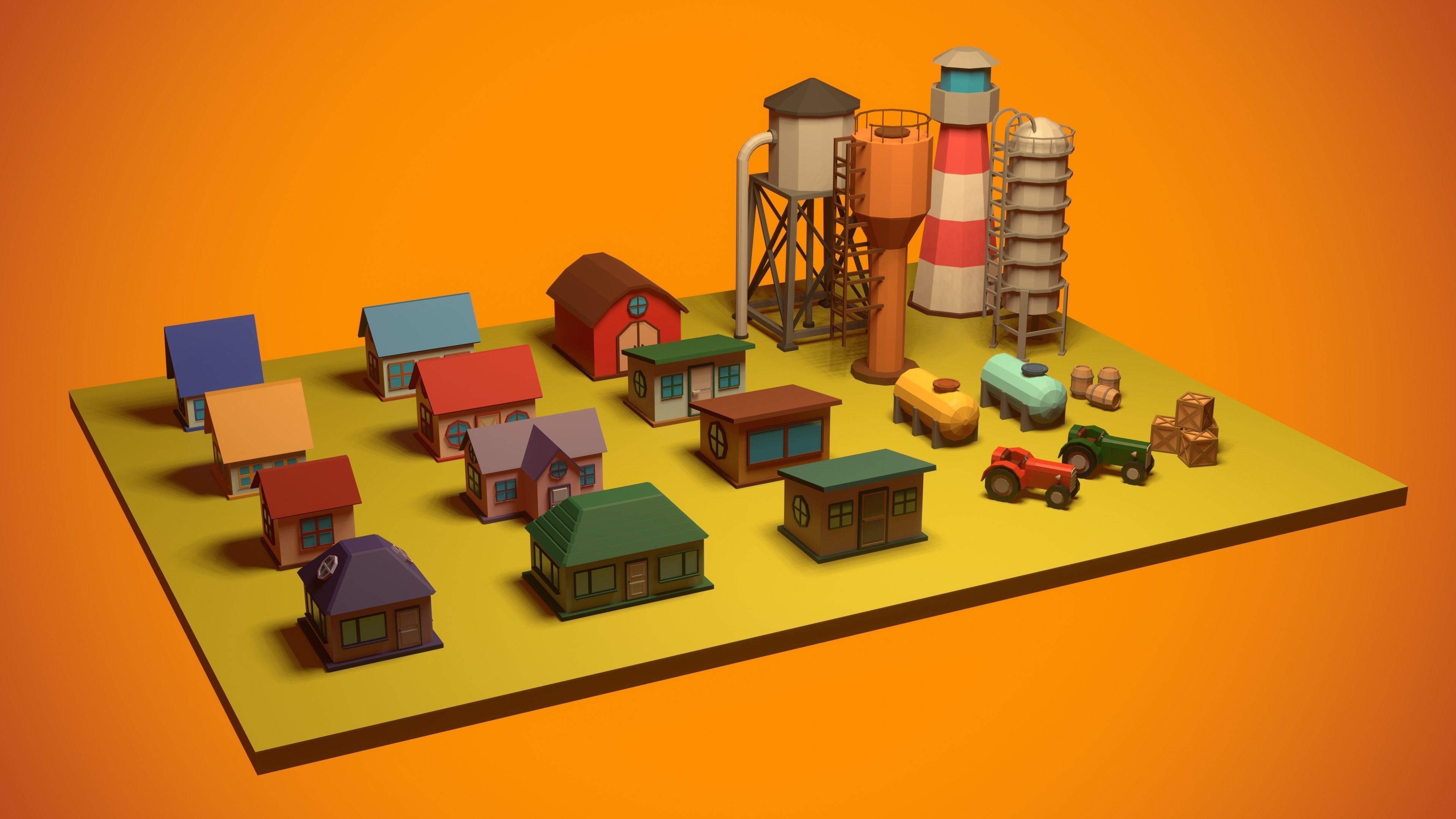 set of low-poly houses and other constructions Low-poly 3D model_2