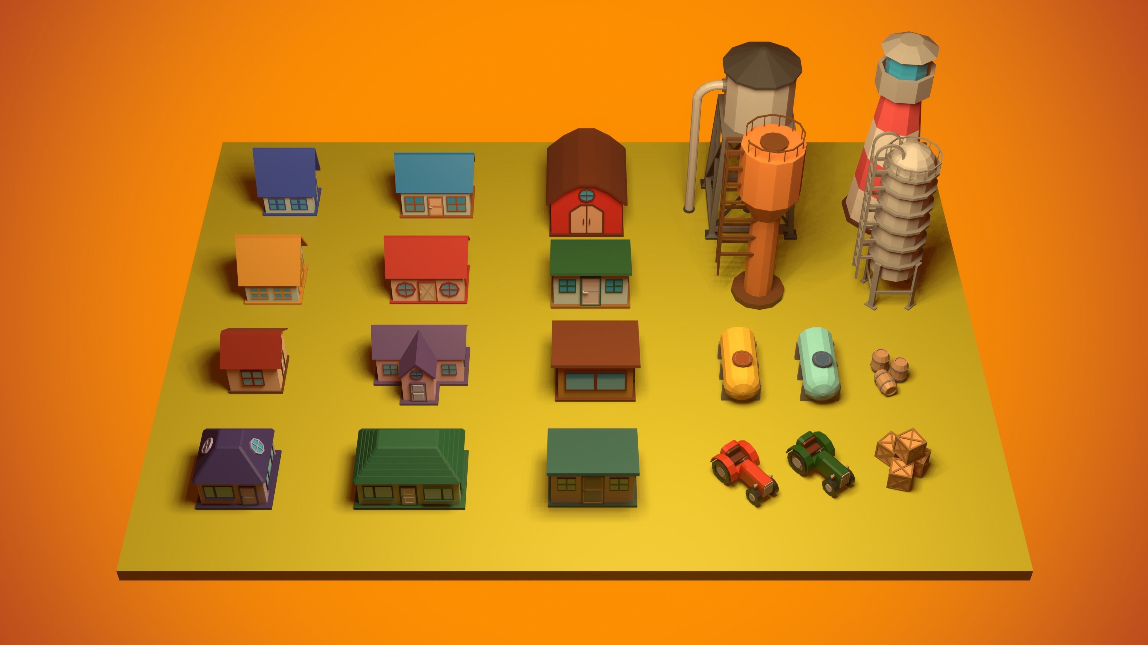 set of low-poly houses and other constructions Low-poly 3D model_3