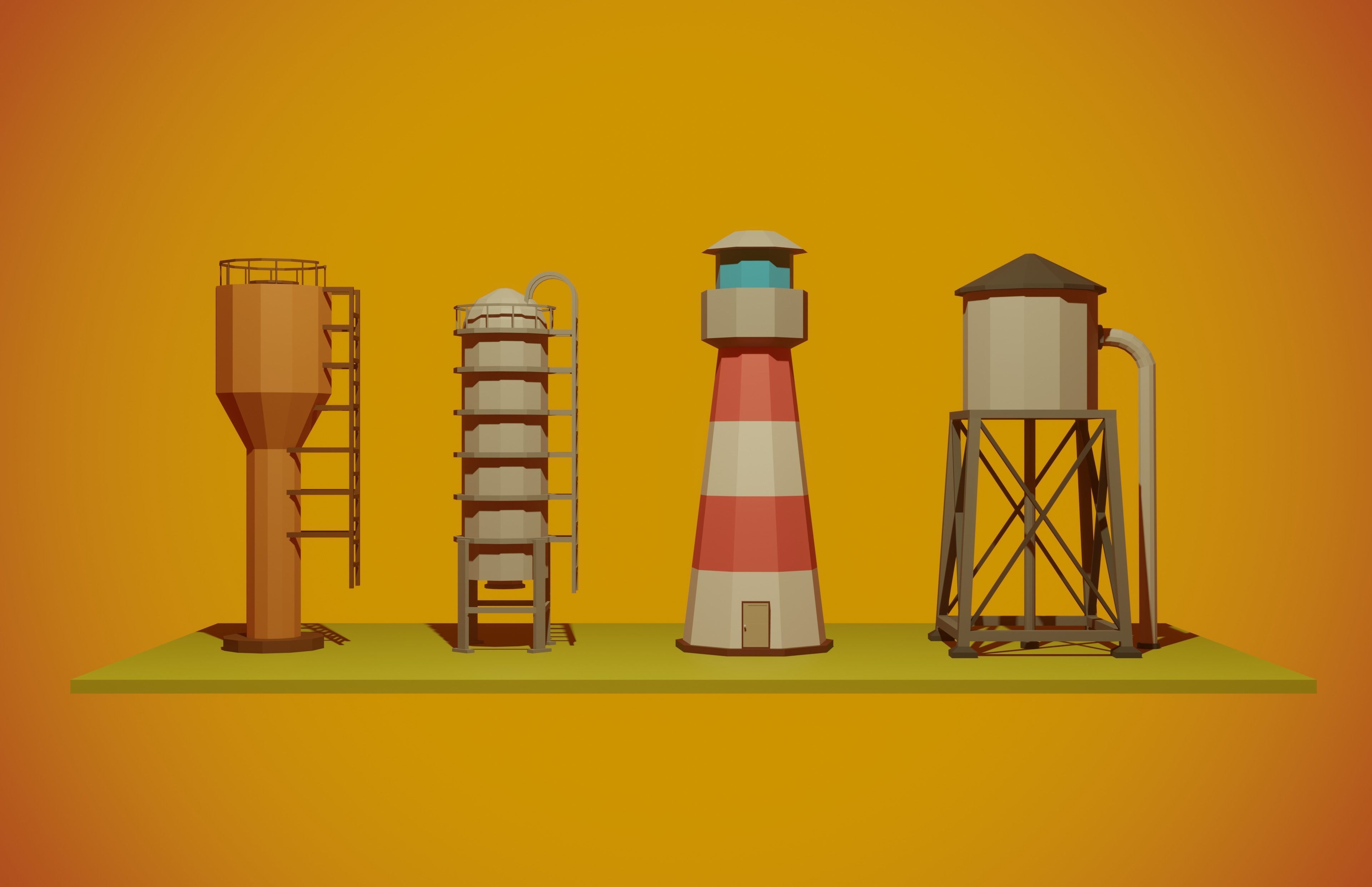 set of low-poly houses and other constructions Low-poly 3D model_27