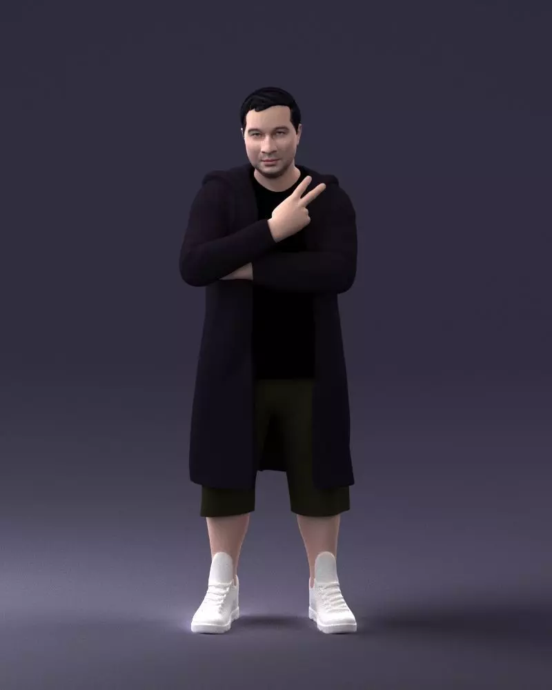 000212 Man in Long Black Coat and Shorts Peace Gesture 1121 3D print model