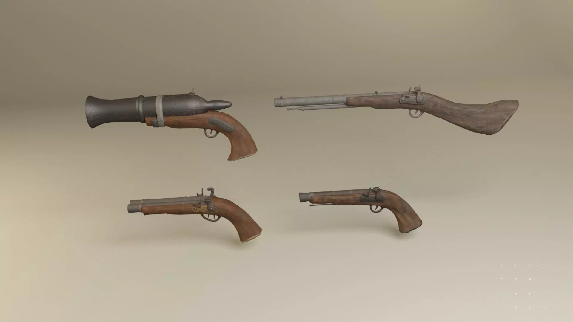 Flintlock pirate guns and shotguns and hand cannons collection Low-poly 3D model