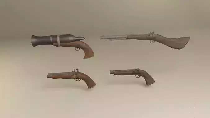 Flintlock pirate guns and shotguns and hand cannons collection Low-poly 3D model
