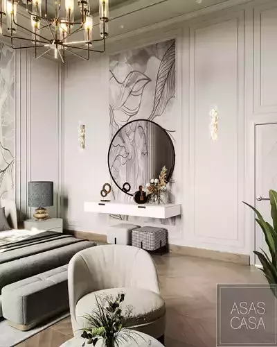 bedroom with walls and chandelier