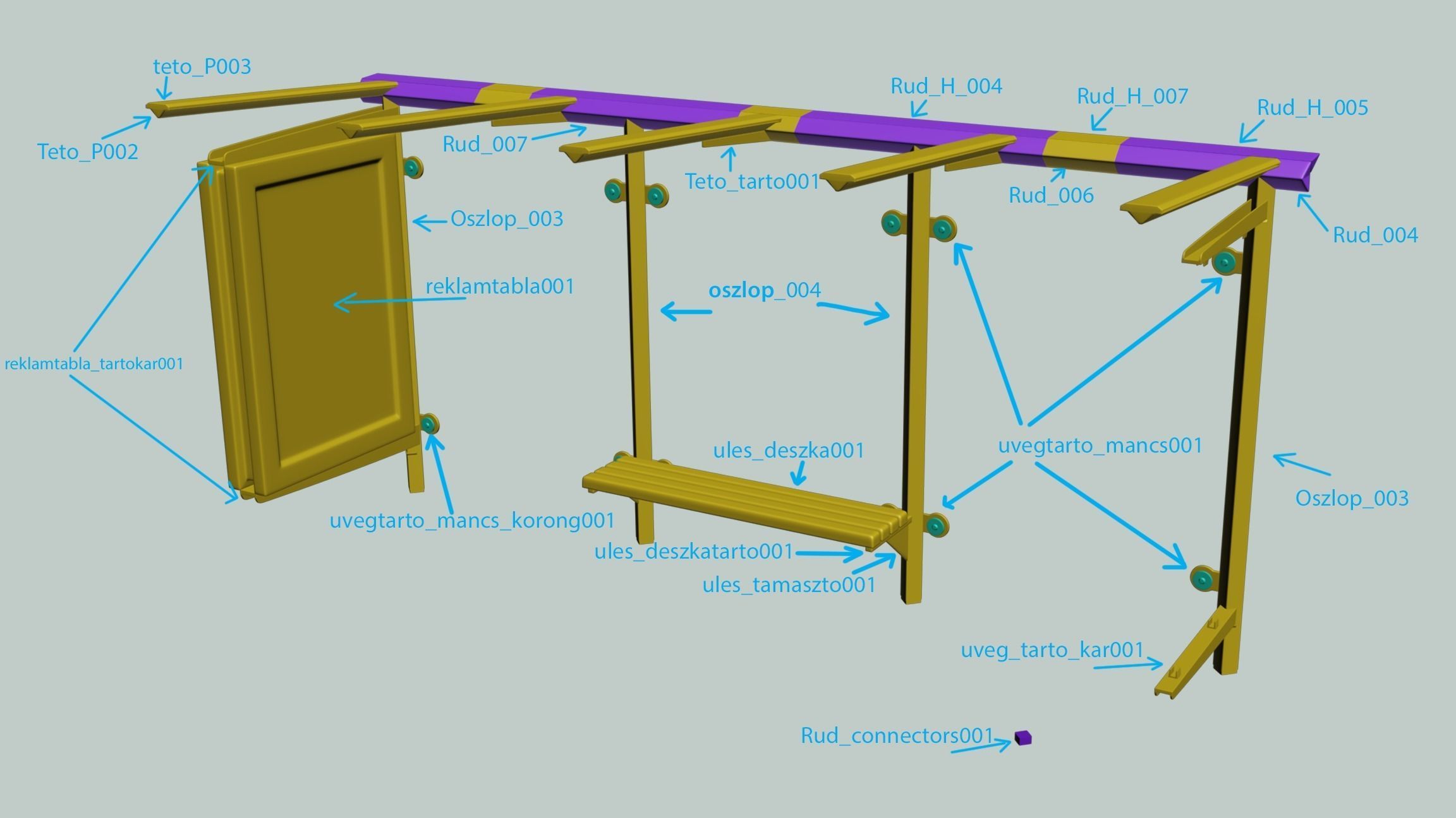 busstop bus stop with two benches and light 3D print model_7