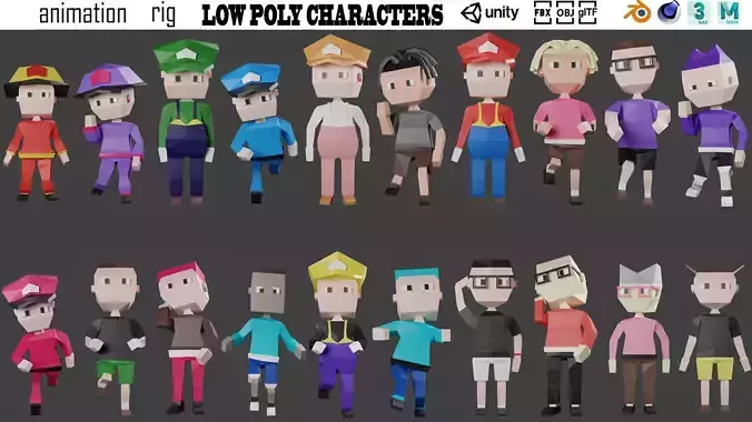 Low poly characters pack 3d model Low-poly 3D model