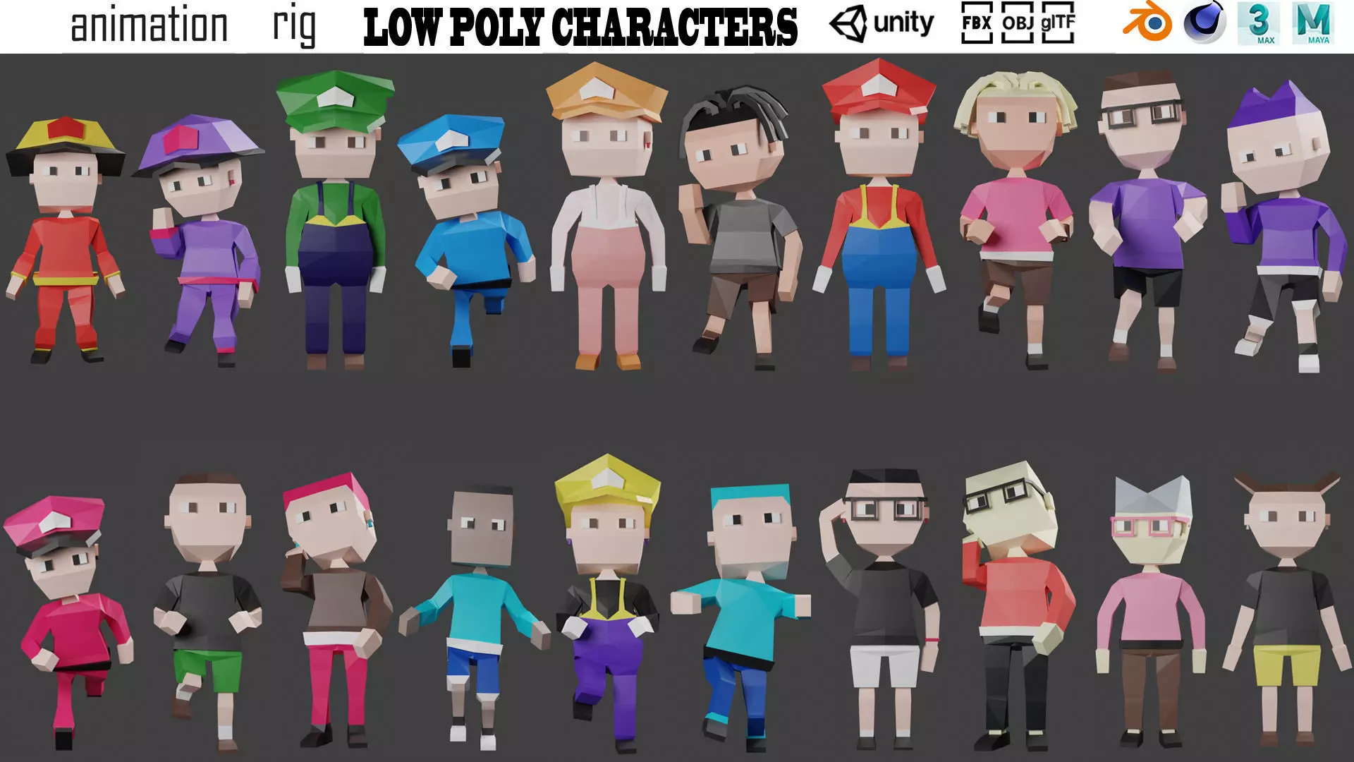 Low poly characters pack 3d model Low-poly 3D model_0