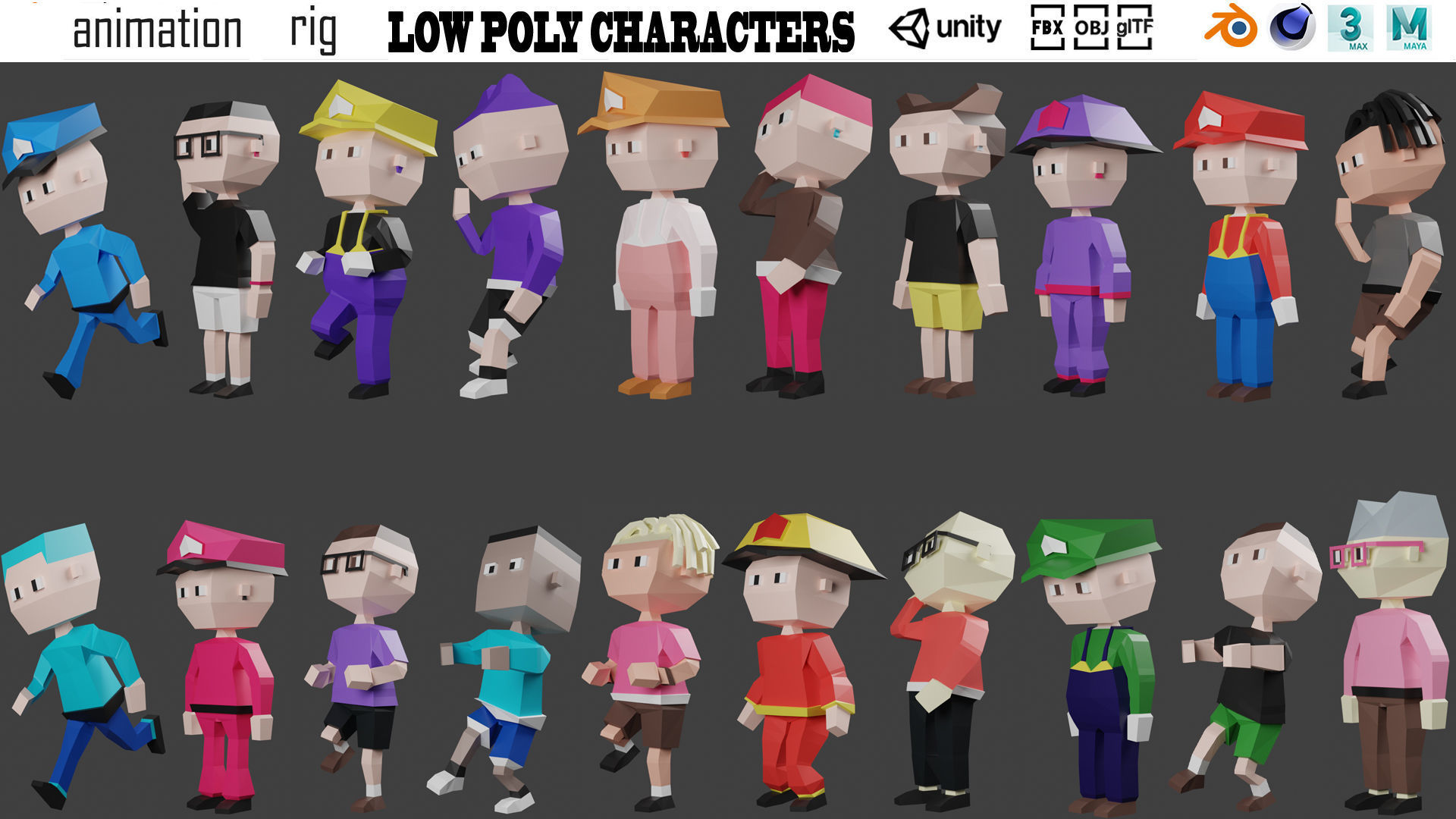 Low poly characters pack 3d model Low-poly 3D model_1