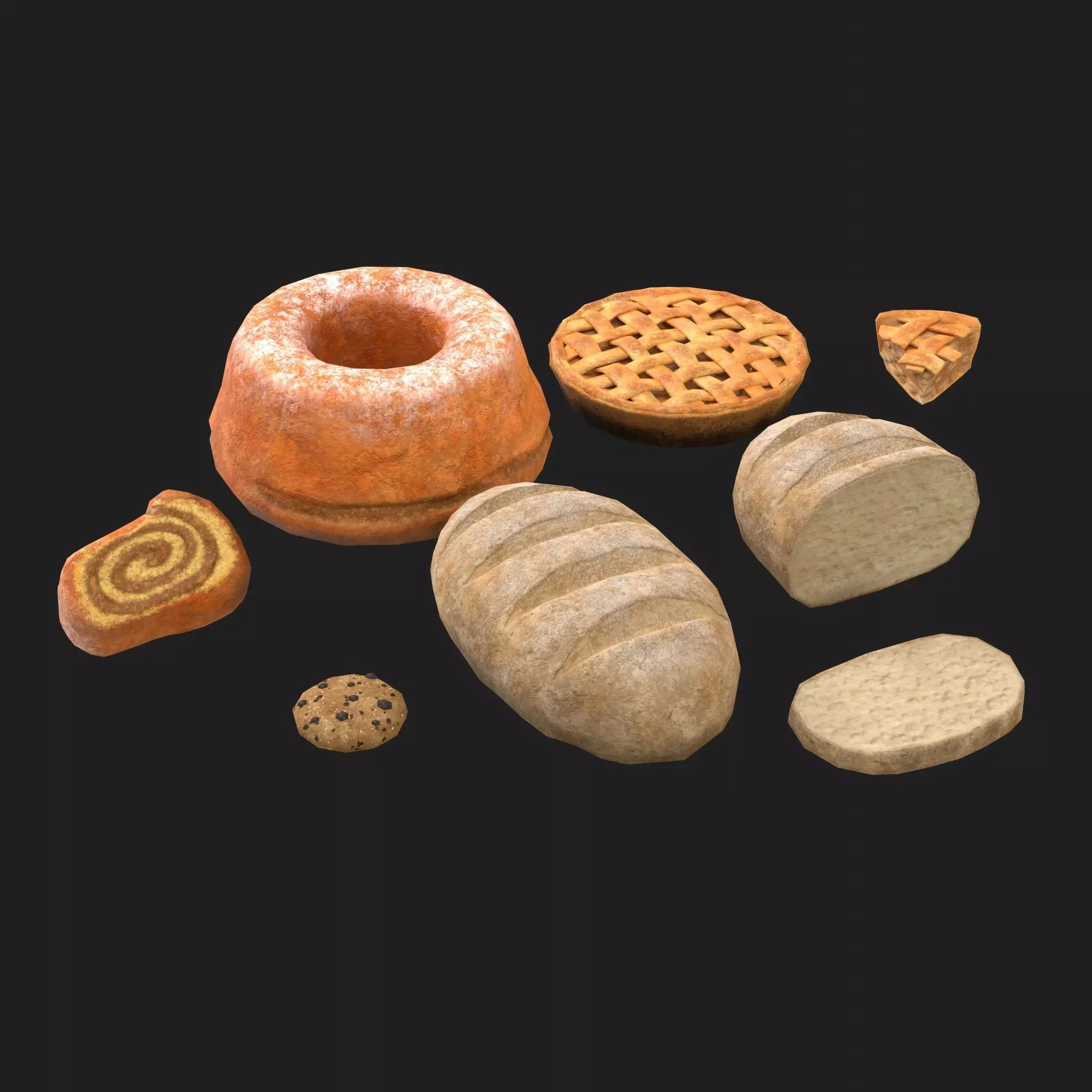 Baked Goods - Bread Cookie Pie Potica 8 Piece Set Low-poly 3D model_0