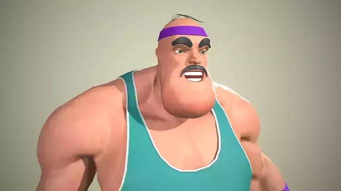 Bodybuilder cartoon character holding pole Low-poly 3D model