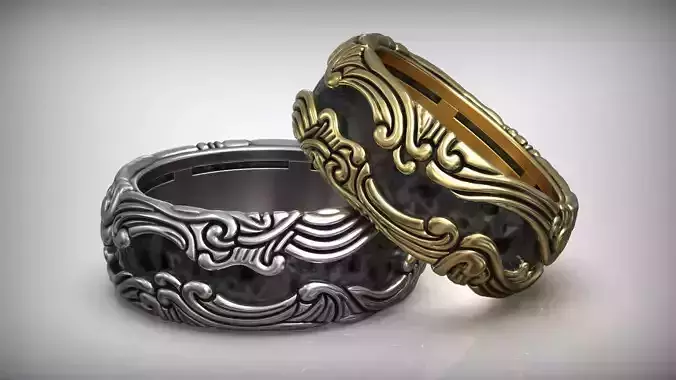 Carbon Insert Gold Wave Men Ring Wedding Band 3D print model