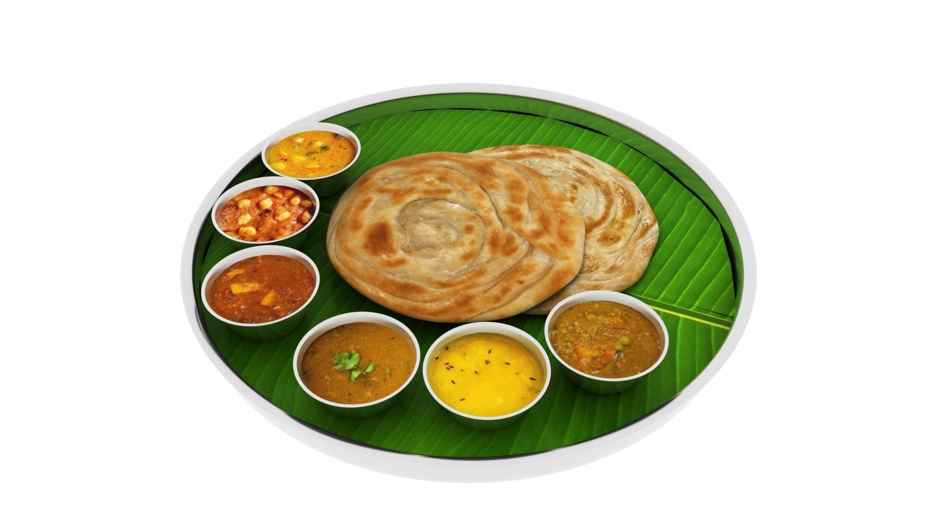 parotta 3d model plate of indian food on banana leaf 3D model_2