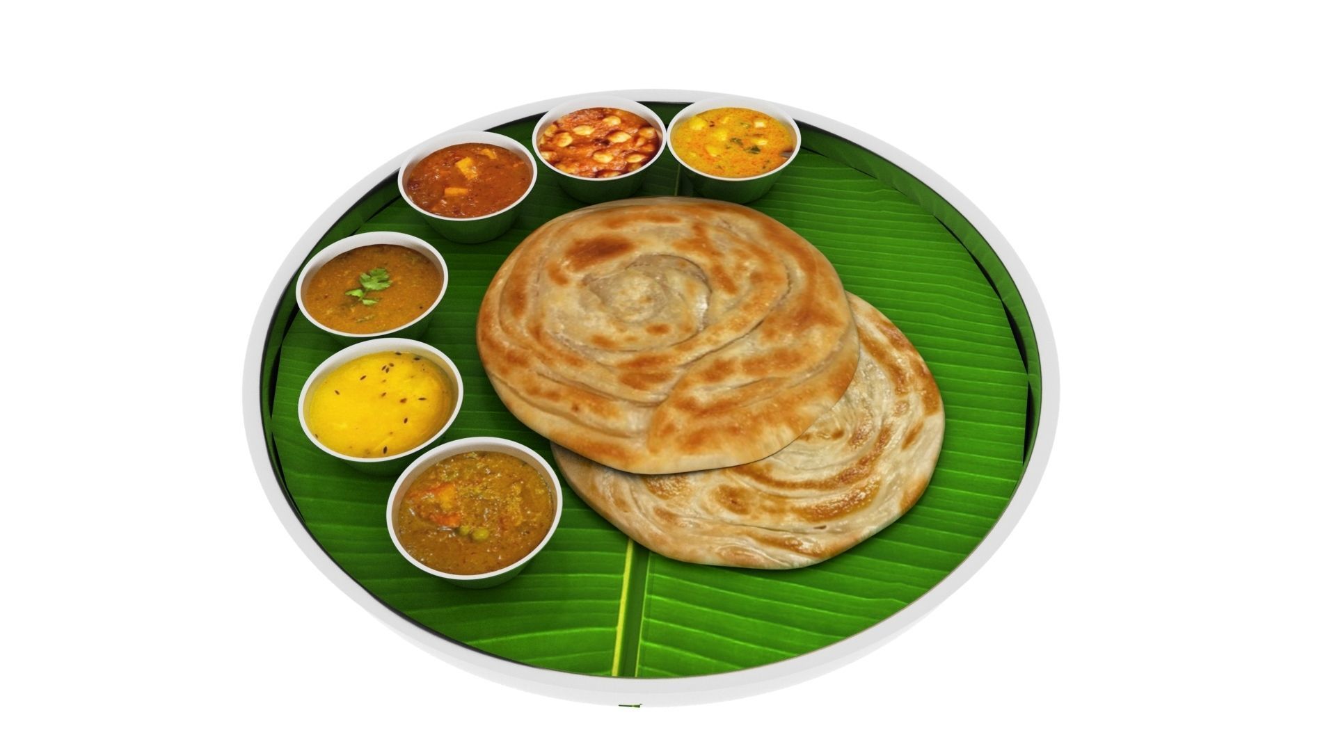 parotta 3d model plate of indian food on banana leaf 3D model_1