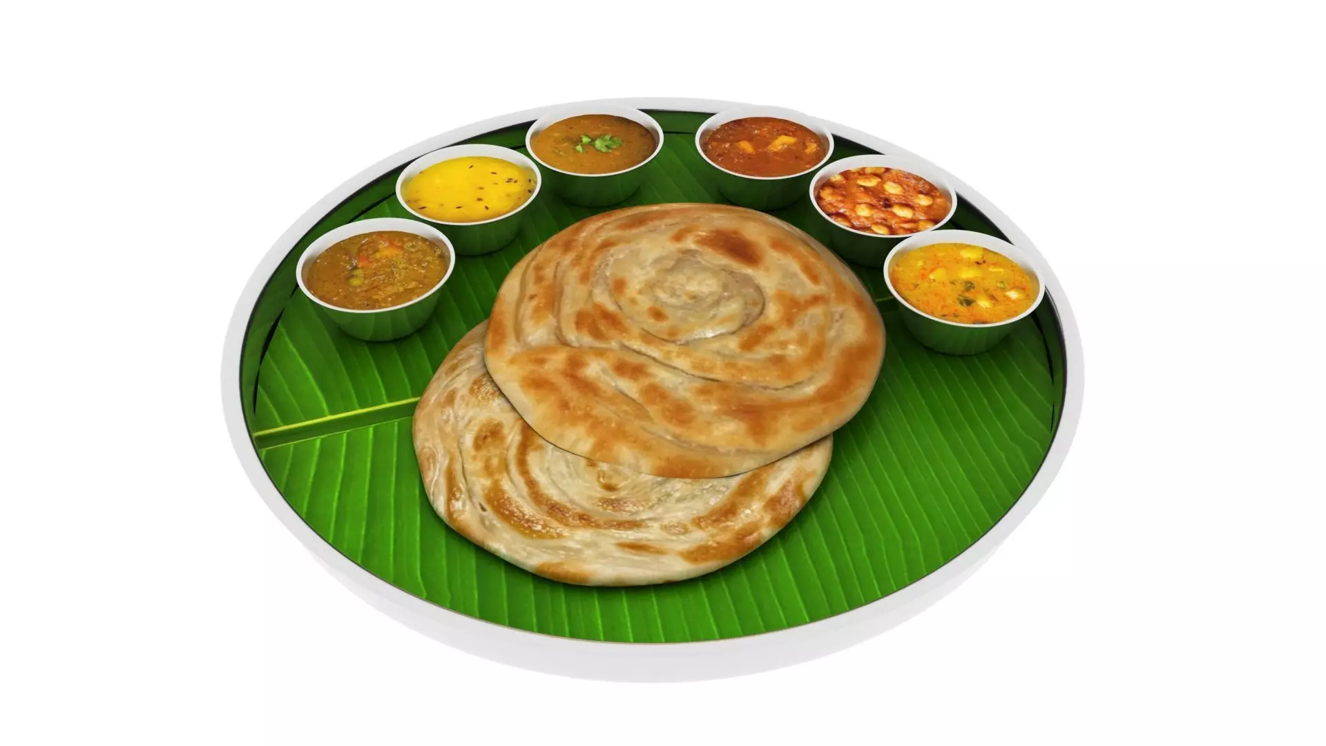 parotta 3d model plate of indian food on banana leaf 3D model_0