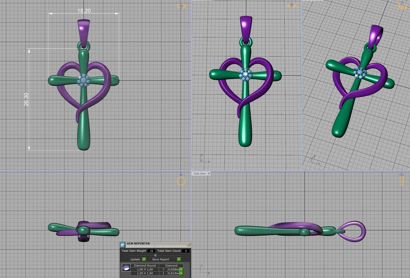 Diamond Cross Pendant 26mm Height Heart Cross 3dmodel  3D print model_13