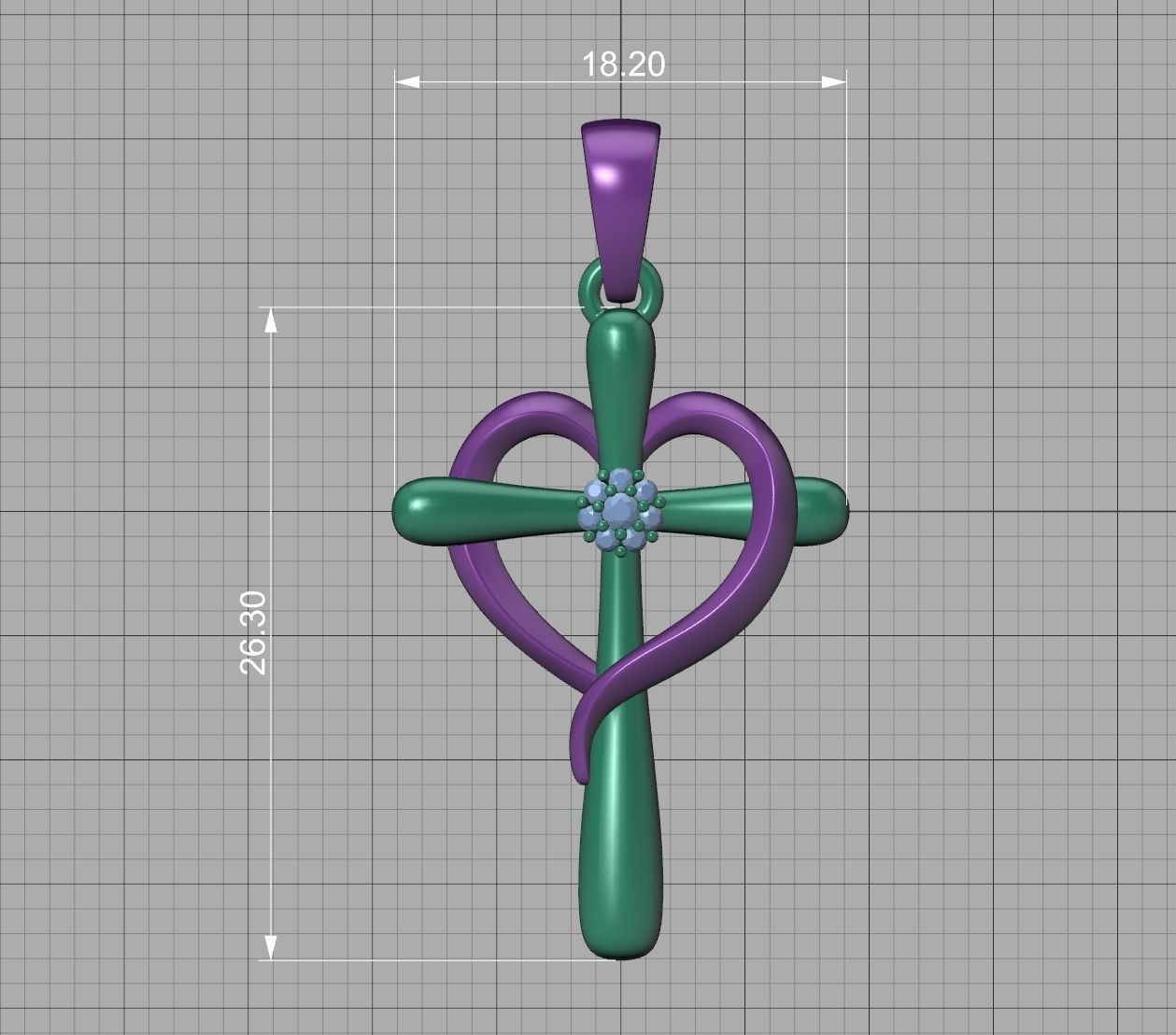 Diamond Cross Pendant 26mm Height Heart Cross 3dmodel  3D print model_17