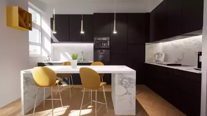 Cuisine kitchen with cabinets and chairs 3D model