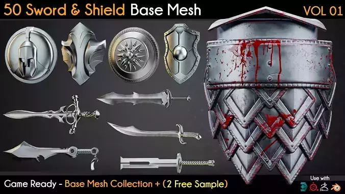 50 Sword and Shield Base Mesh VOL 01 Game Ready