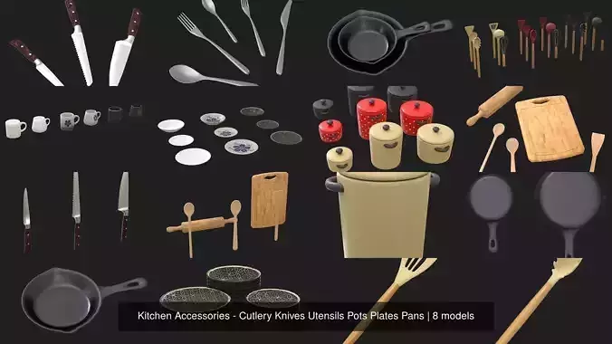 Kitchen Accessories - Cutlery Knives Utensils Pots Plates Pans 3D Model Collection