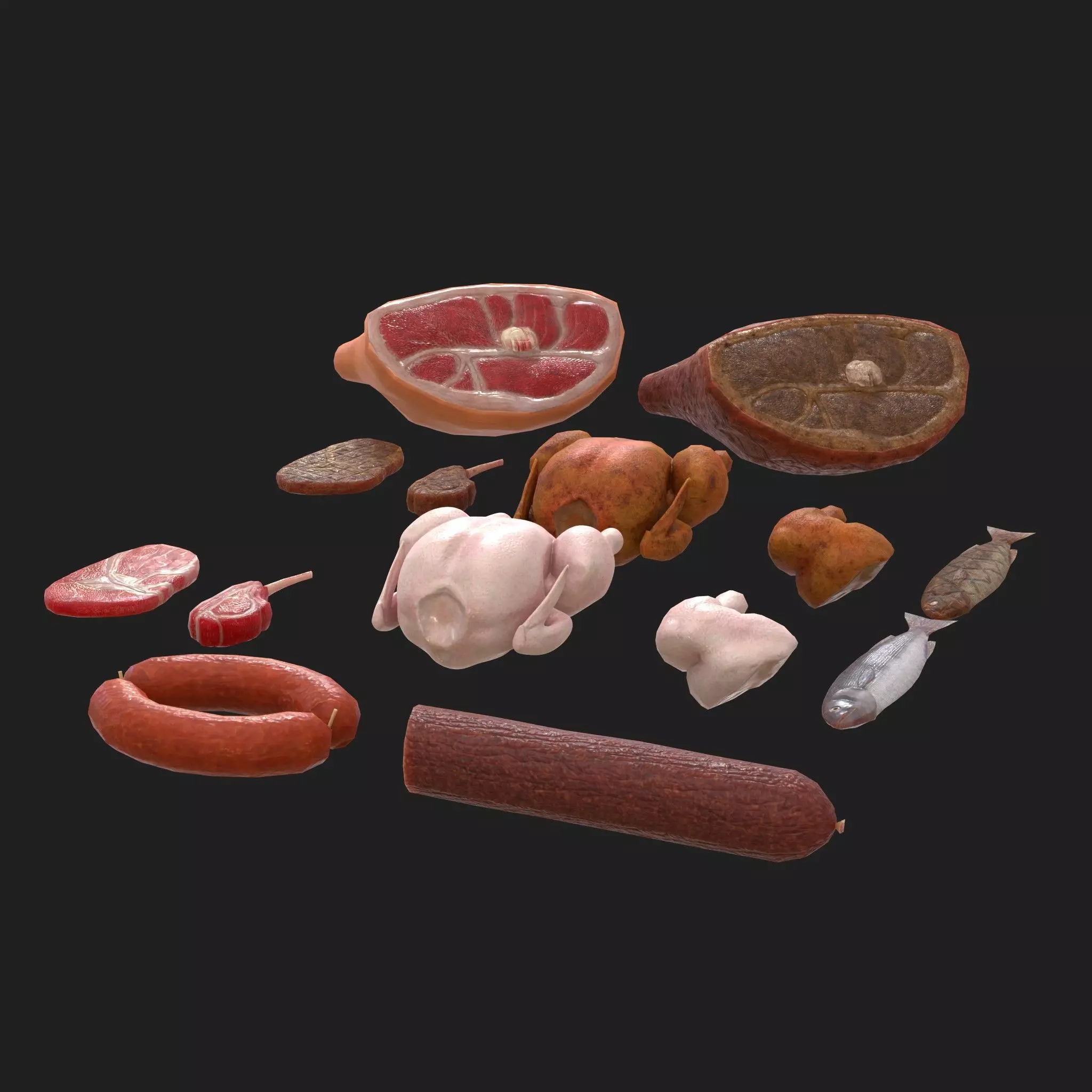 Meat 14 Piece Set - Steak Sausage Rib Fish Chicken Low-poly 3D model_0