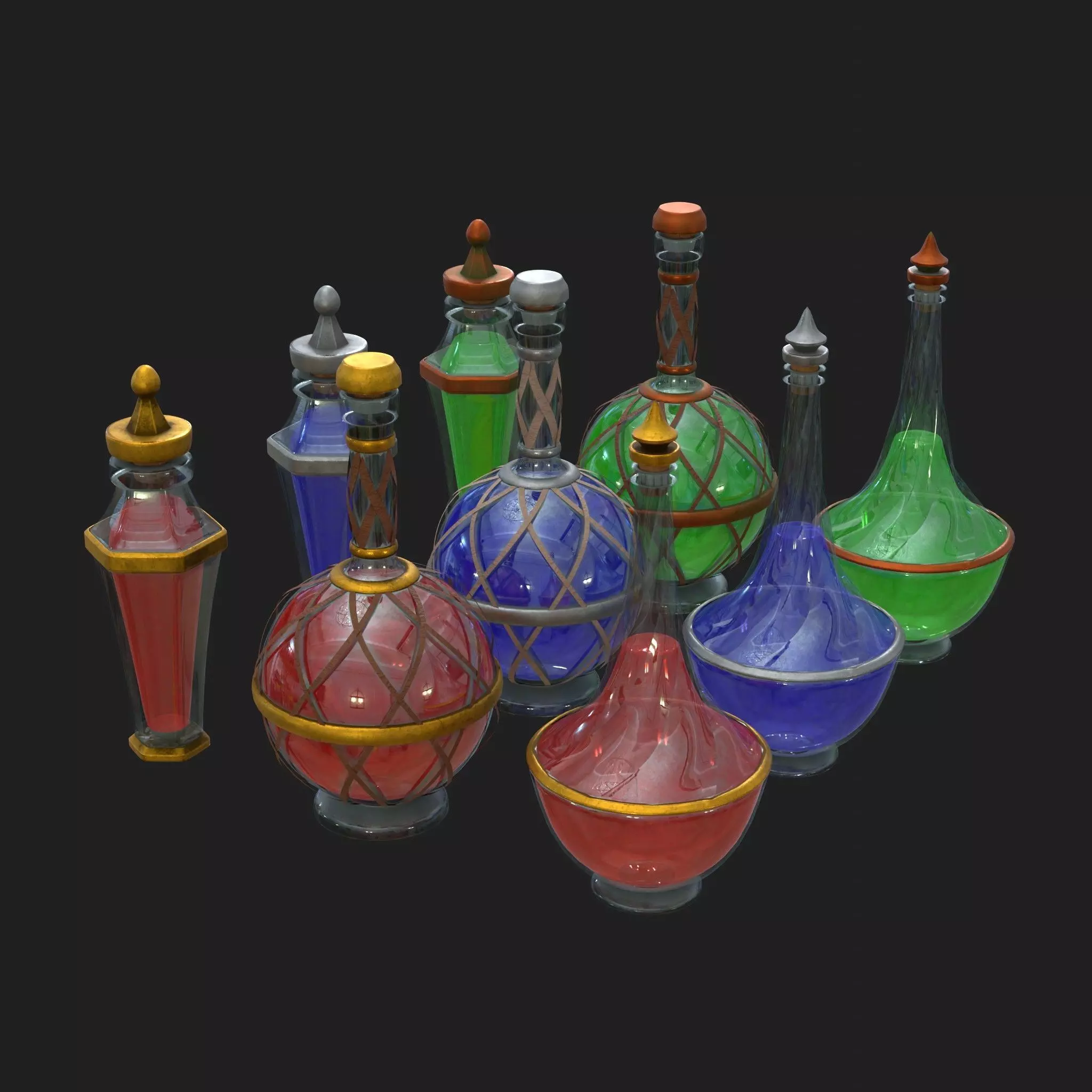 Potions - Health Mana Strength 9 Piece Set Low-poly 3D model_0
