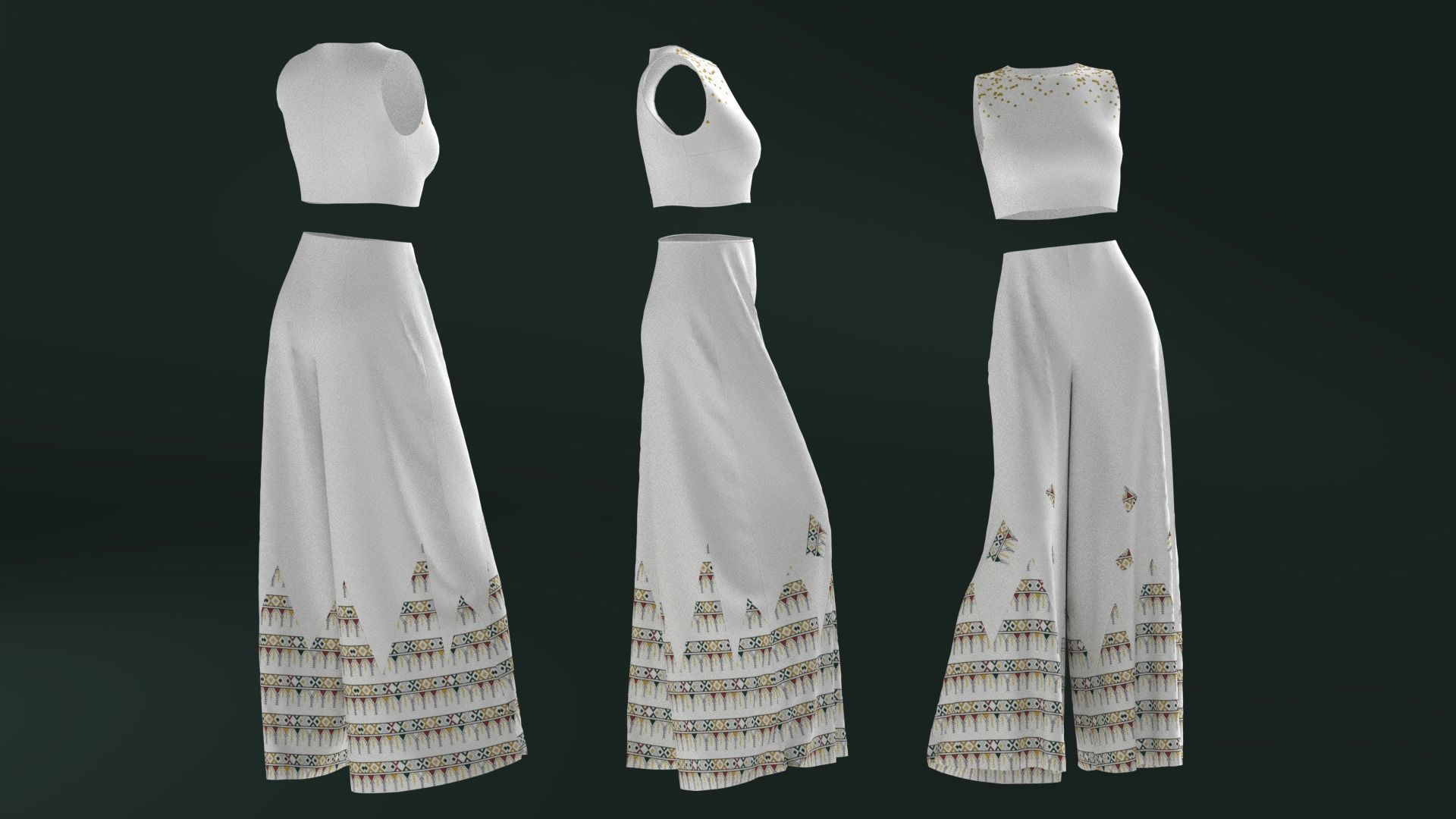 Pants and white blouse with an open belly with an Sadu print 3D model_2