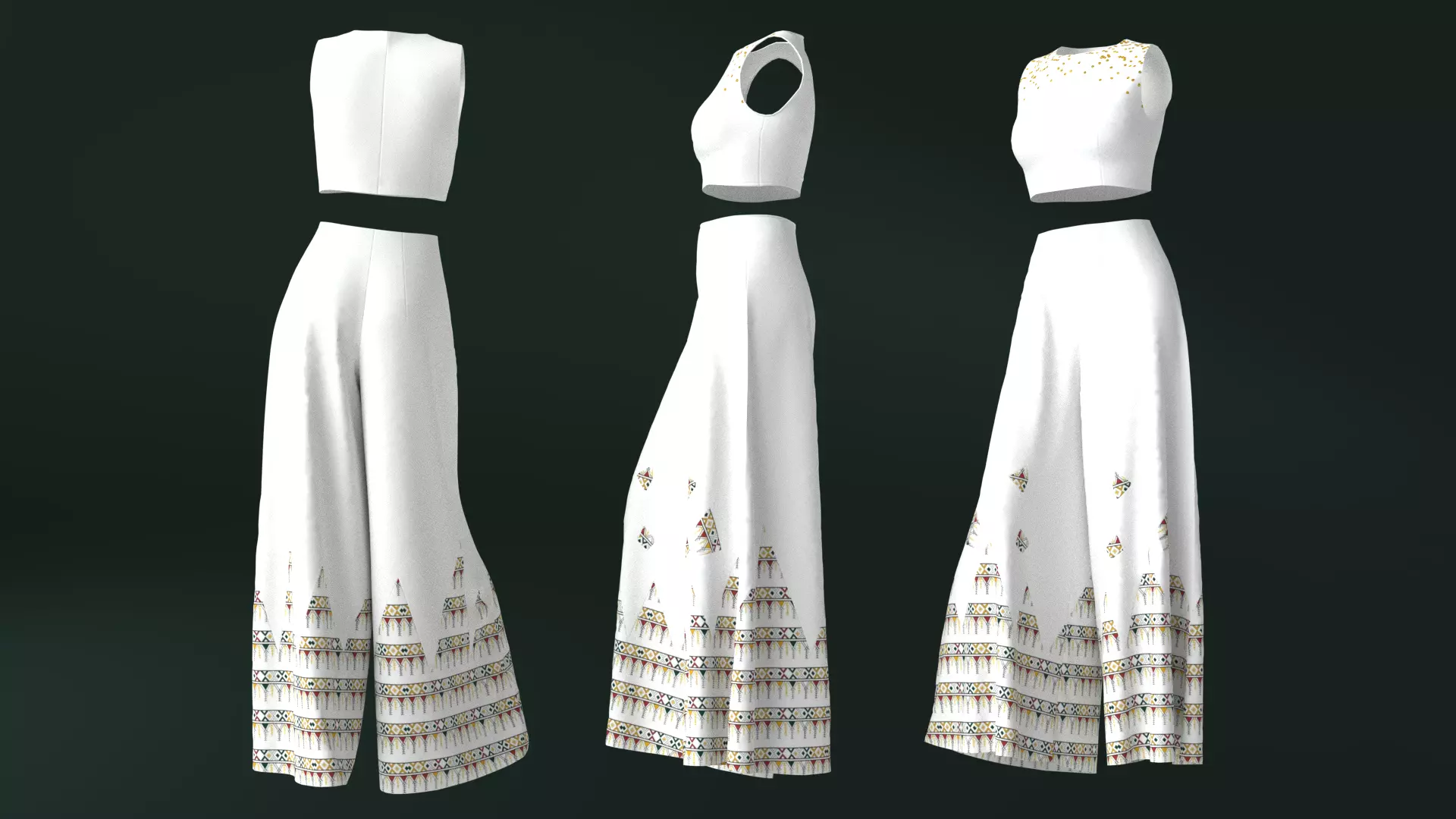 Pants and white blouse with an open belly with an Sadu print 3D model_0