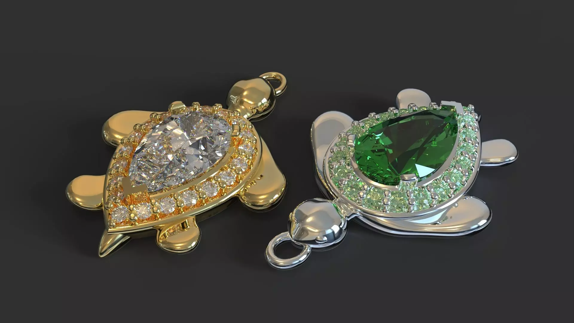 turtle two pendants with diamonds and emeralds 3D print model_0