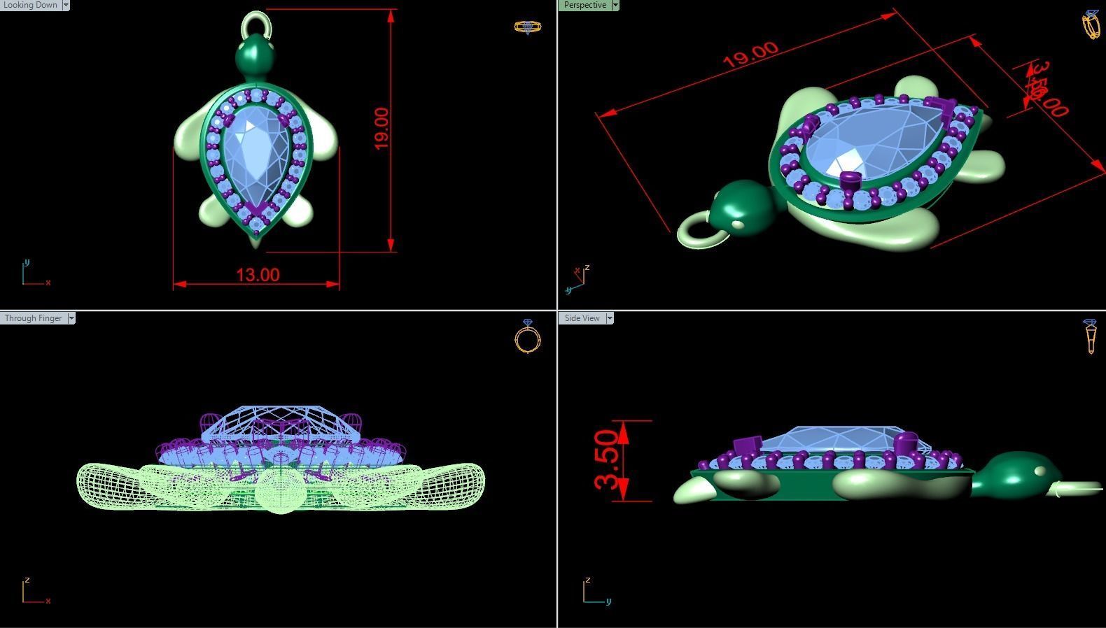 turtle two pendants with diamonds and emeralds 3D print model_2