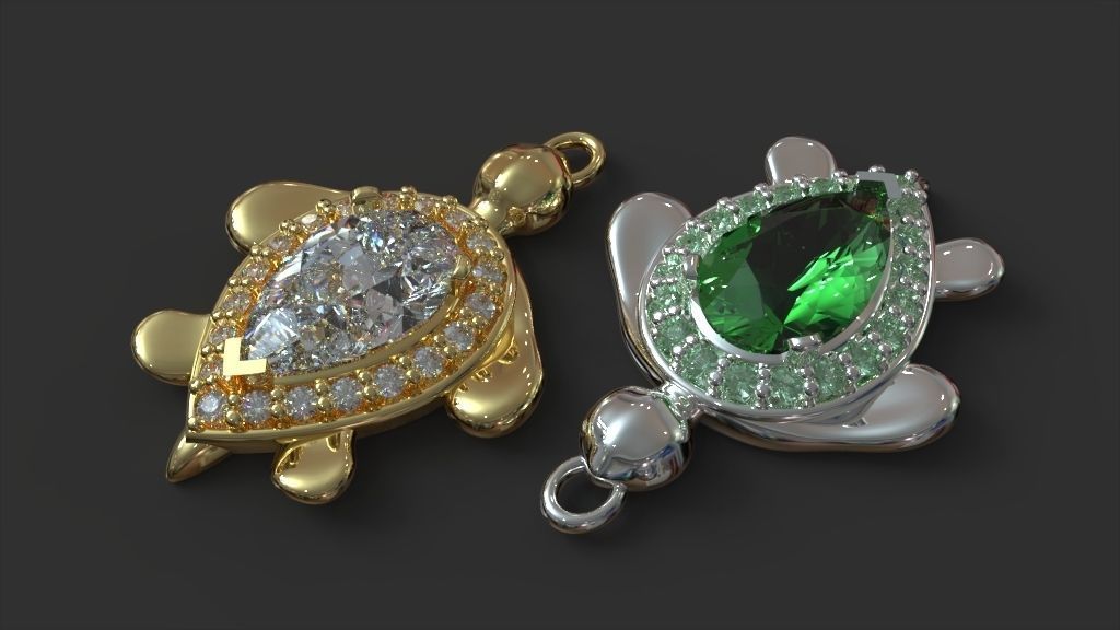 turtle two pendants with diamonds and emeralds 3D print model_1