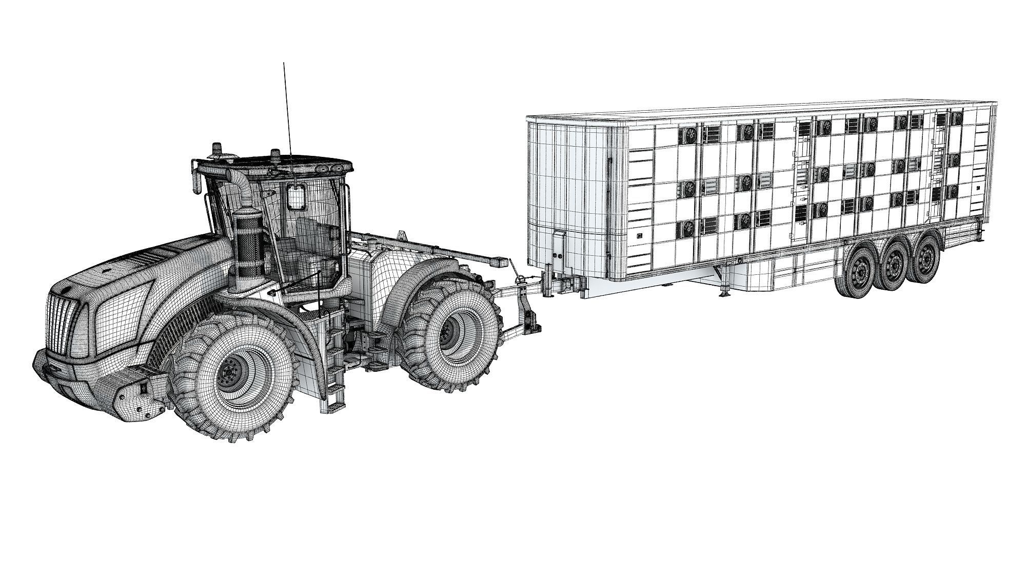 Tractor with Animal Transporter Trailer 3D model_16