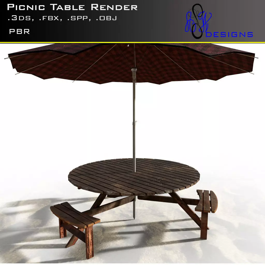 Picnic Table with Umbrella 3D model_0
