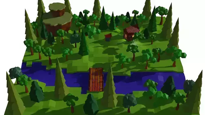 low poly tree island with trees and bushes